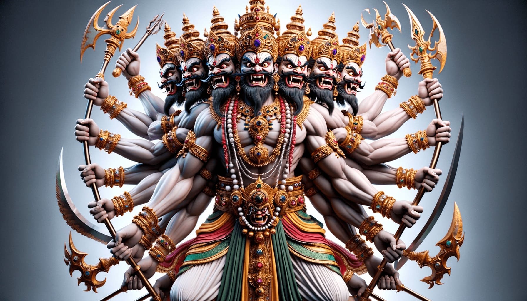 लंका के महान राजा रावण का पूर्ण शरीर वाली मुद्रा में उसकी क्रोधपूर्ण दृष्टि को प्रदर्शित करते हुए प्रस्तुतीकरण। उसके कई सिर अलग-अलग दिशाओं में मुड़े हुए हैं, जिनमें से प्रत्येक पर कठोर दृष्टि है। रावण की कई भुजाओं में विभिन्न पारंपरिक हथियार हैं, और उसकी पोशाक रत्नों और एक राजसी मुकुट से सुशोभित है। पृष्ठभूमि उसके प्रभुत्व को उजागर करने के लिए डिज़ाइन की गई है।