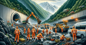 illustration of a rescue operation at a tunnel in a mountainous region, resembling the Silkyara Tunnel in Uttarakhand(1)