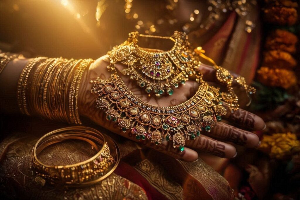 Indian wedding gold jewelry close-up with warm lighting, cultural richness, traditional background