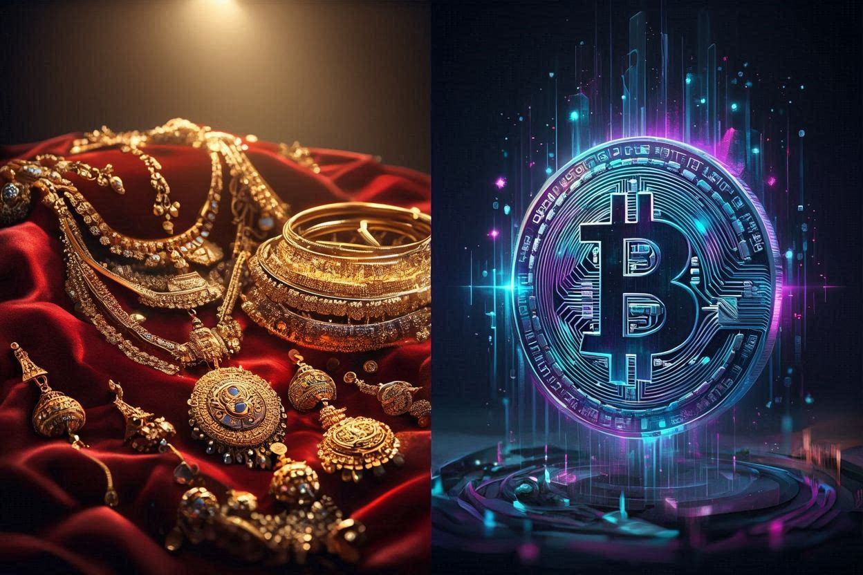 Gold vs Bitcoin investment comparison – traditional Indian gold jewelry vs futuristic digital Bitcoin coin