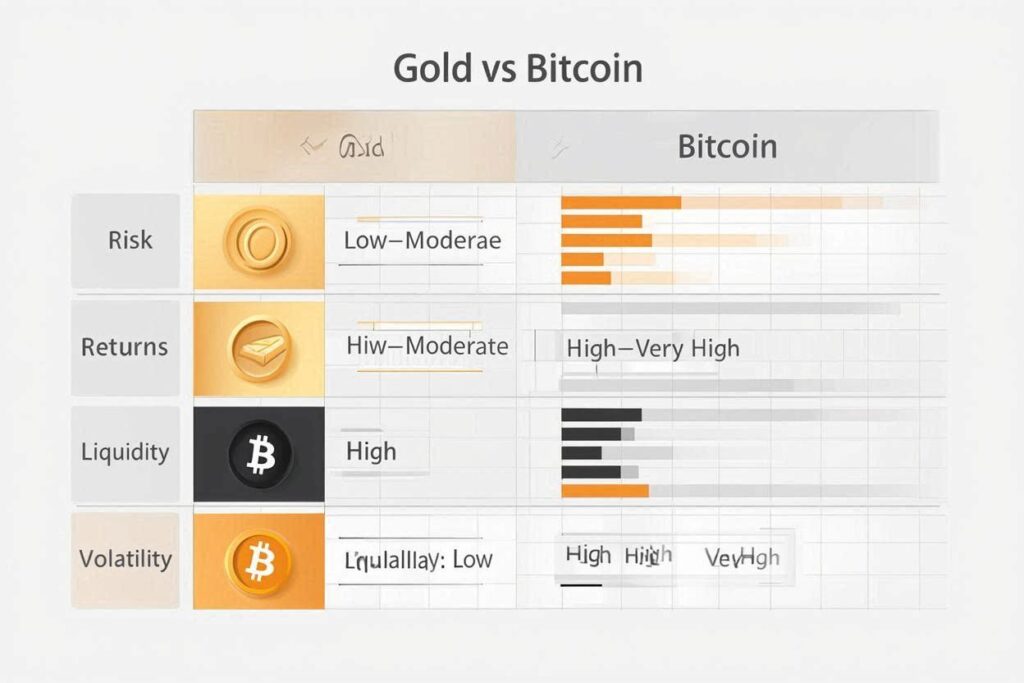 Side-by-side comparison chart of Gold vs Bitcoin showing risk, returns, liquidity, volatility.