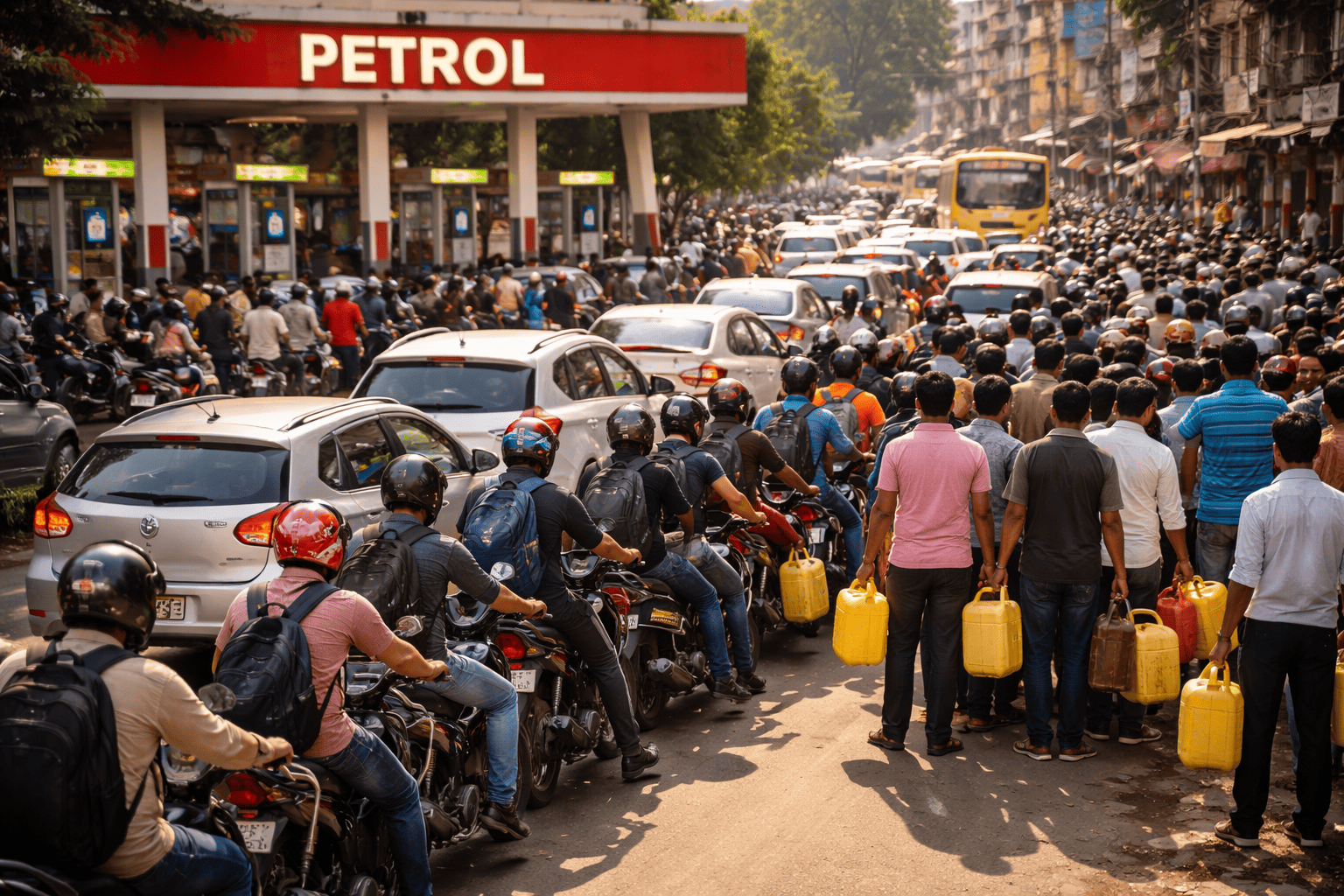 एक व्यस्त भारतीय शहर की सड़क पर दिन के समय पेट्रोल पंप पर मोटरसाइकिलों, कारों और जेरी कैन लिए लोगों की लंबी कतार लगी हुई है, जहाँ भीड़भाड़ वाला माहौल है और पेट्रोल पंप का साइनबोर्ड दिखाई दे रहा है।